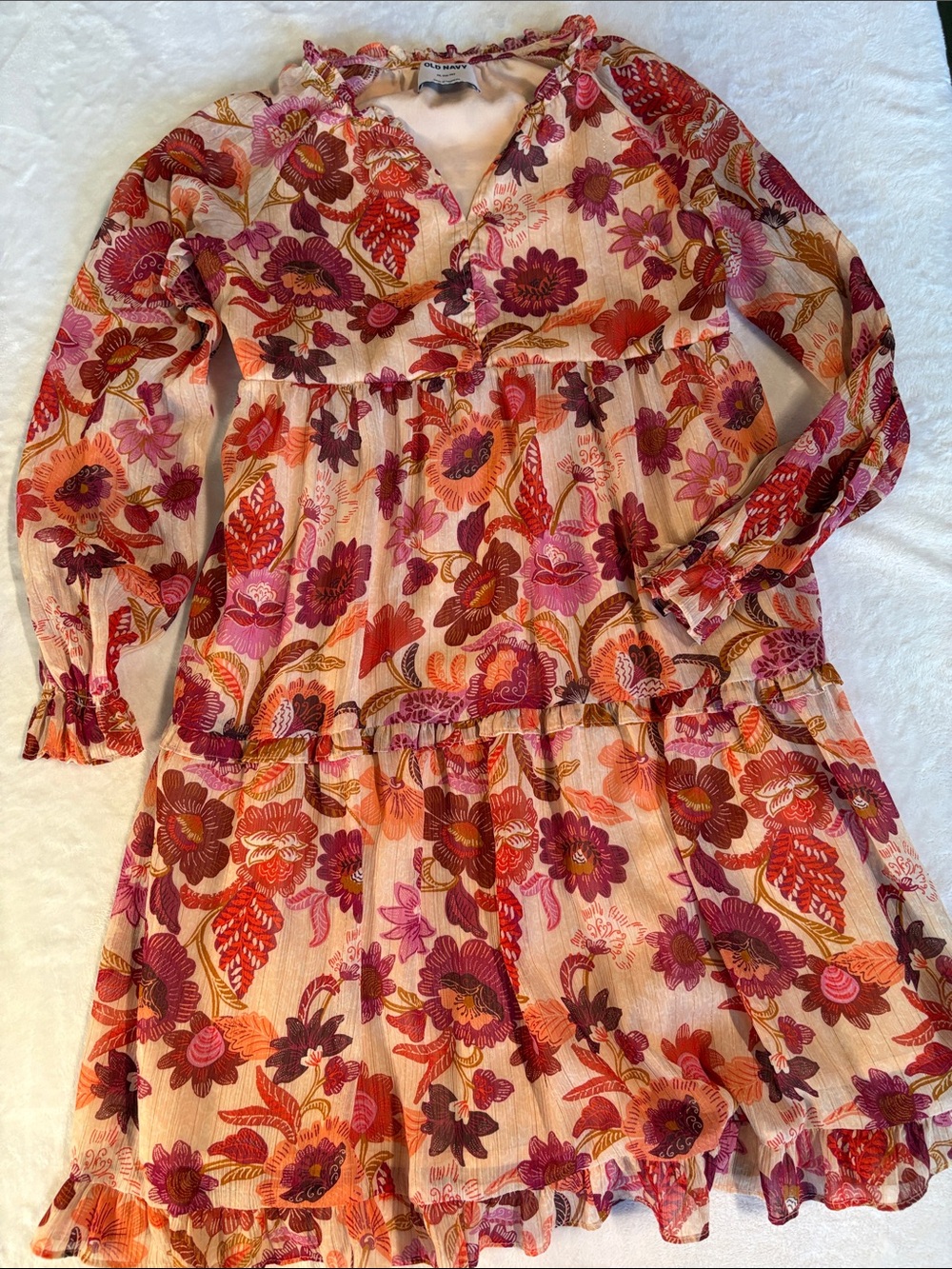 Old Navy Girls Floral Tiered Dress in Fall Colored Pink, Coral, and Plum XL